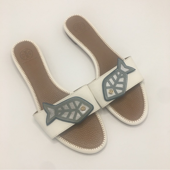 Tory Burch Shoes - Rare Tory Burch White Fish Oasis Nautical Sandals Size 9.5 Sailing Slides Flats